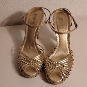 BCBG Metallic Gold Strappy Platform Cone Heels Sandals 8.5/38.5